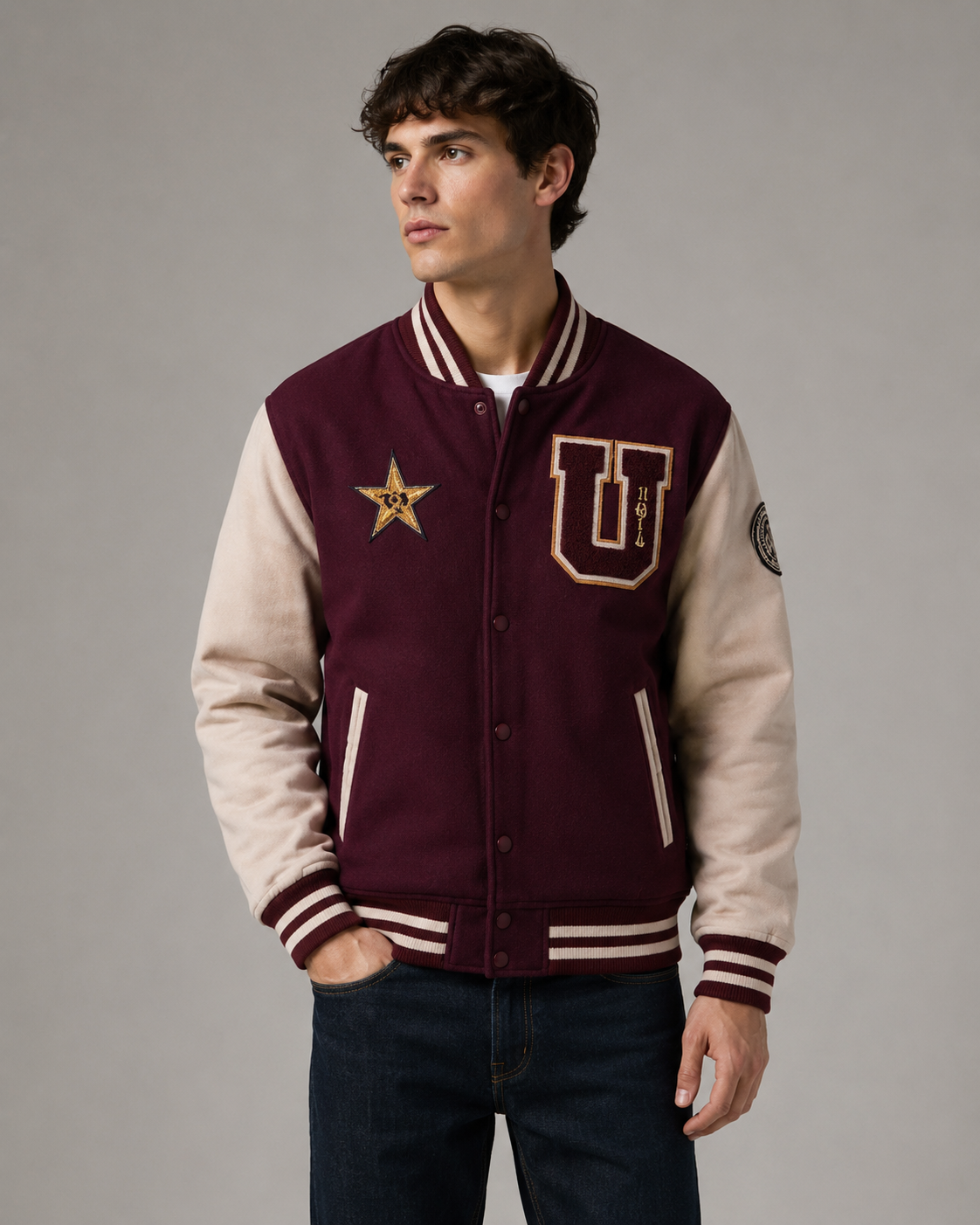 Burgundy Star "U" Premium Varsity Jacket
