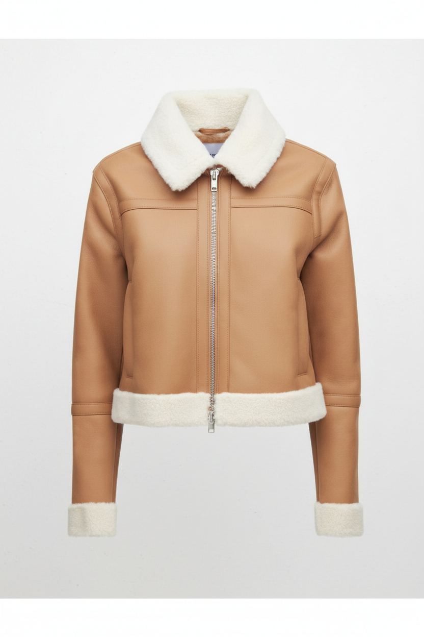  Tan Shearling Cropped Leather Jacket - Front View