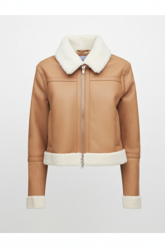  Tan Shearling Cropped Leather Jacket - Front View