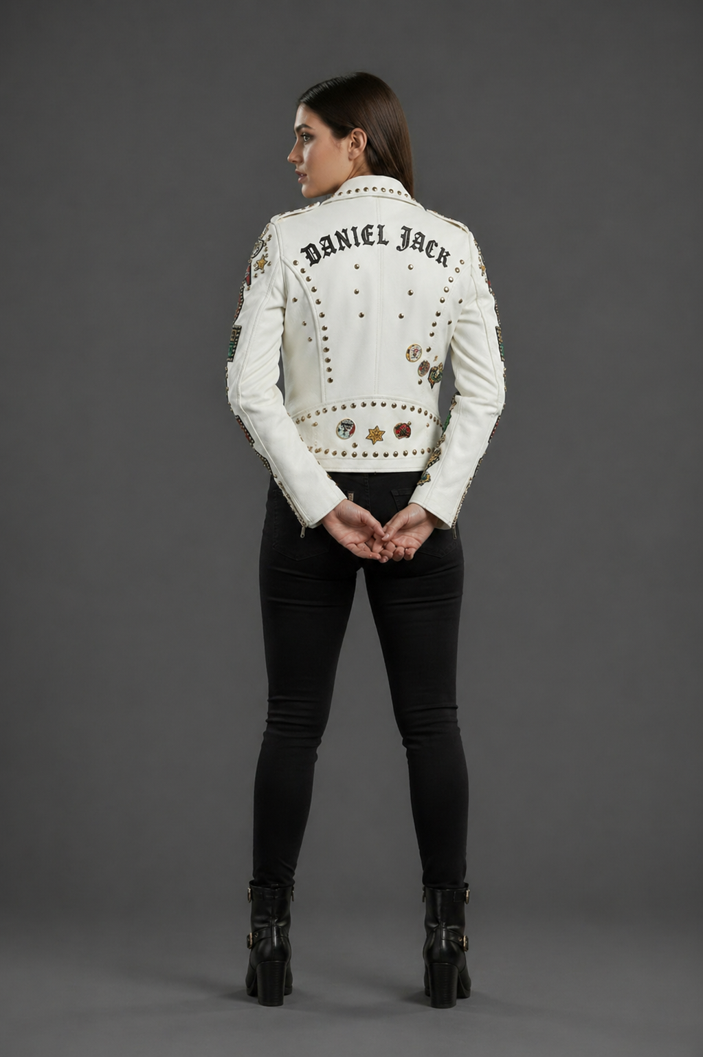 White Studded Pin Biker Leather Jacket