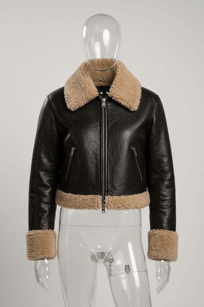  Women's Shearling Cropped Leather Jacket - Front View