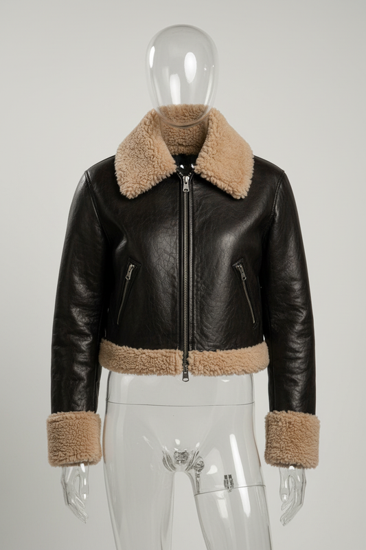  Women's Shearling Cropped Leather Jacket - Front View