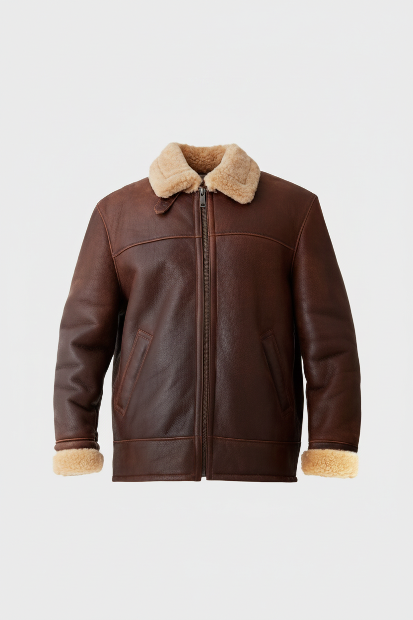  Brown Shearling Aviator Leather Jacket - Front View
