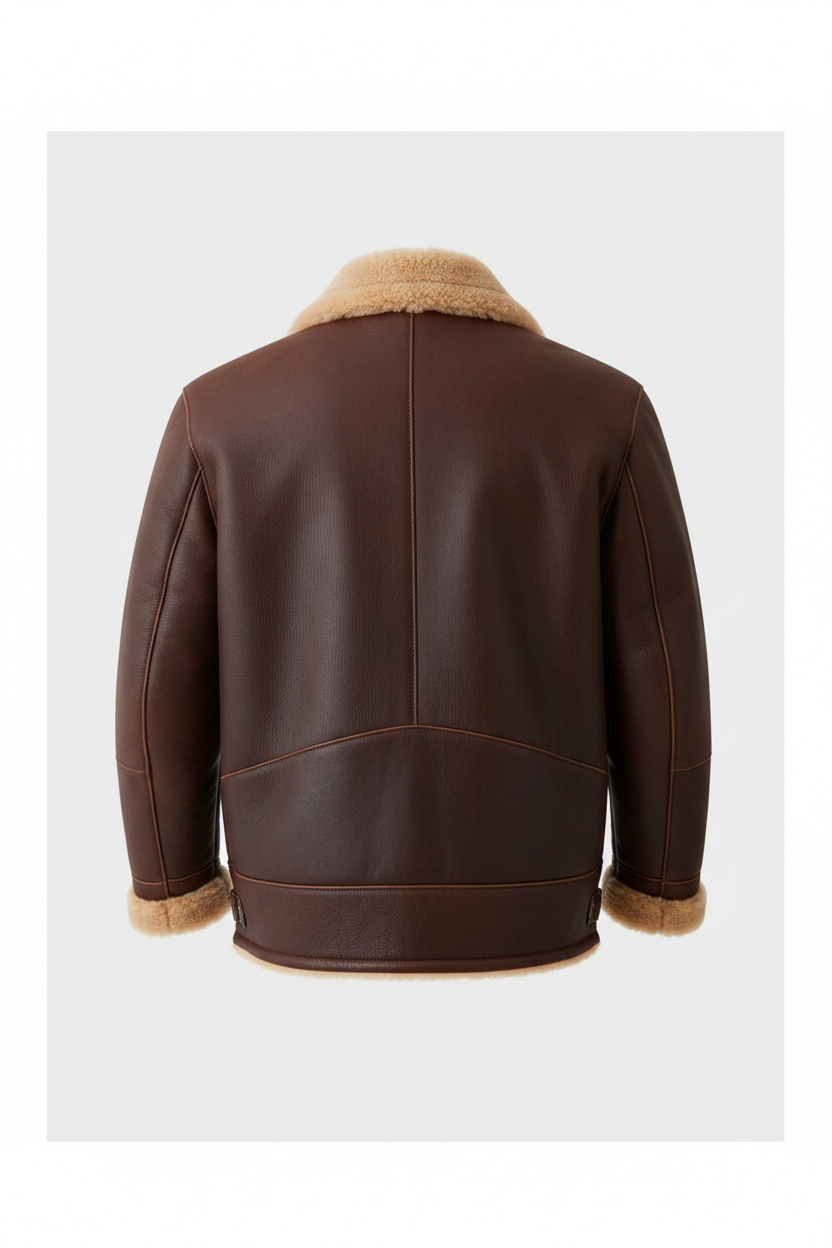  Brown Shearling Aviator Leather Jacket - Back View