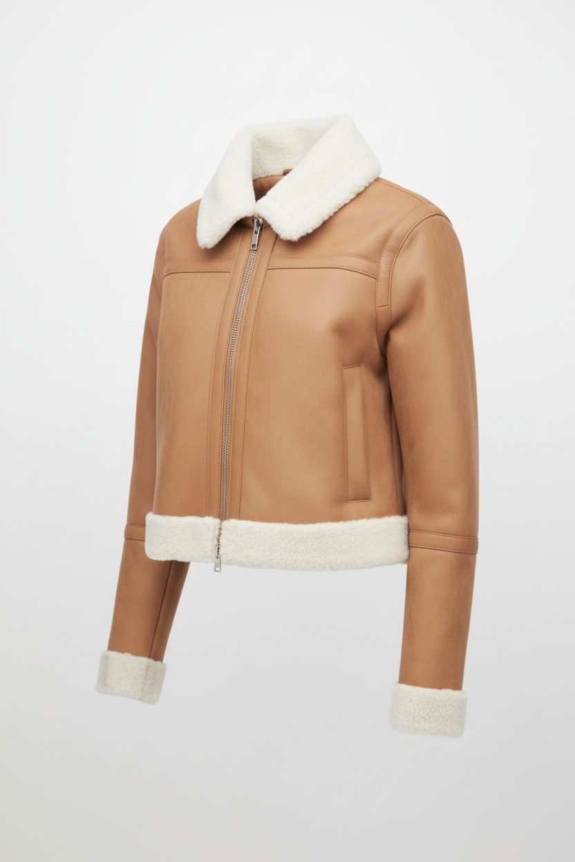  Tan Shearling Cropped Leather Jacket - Side View