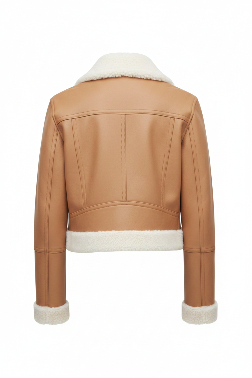  Tan Shearling Cropped Leather Jacket - Back View