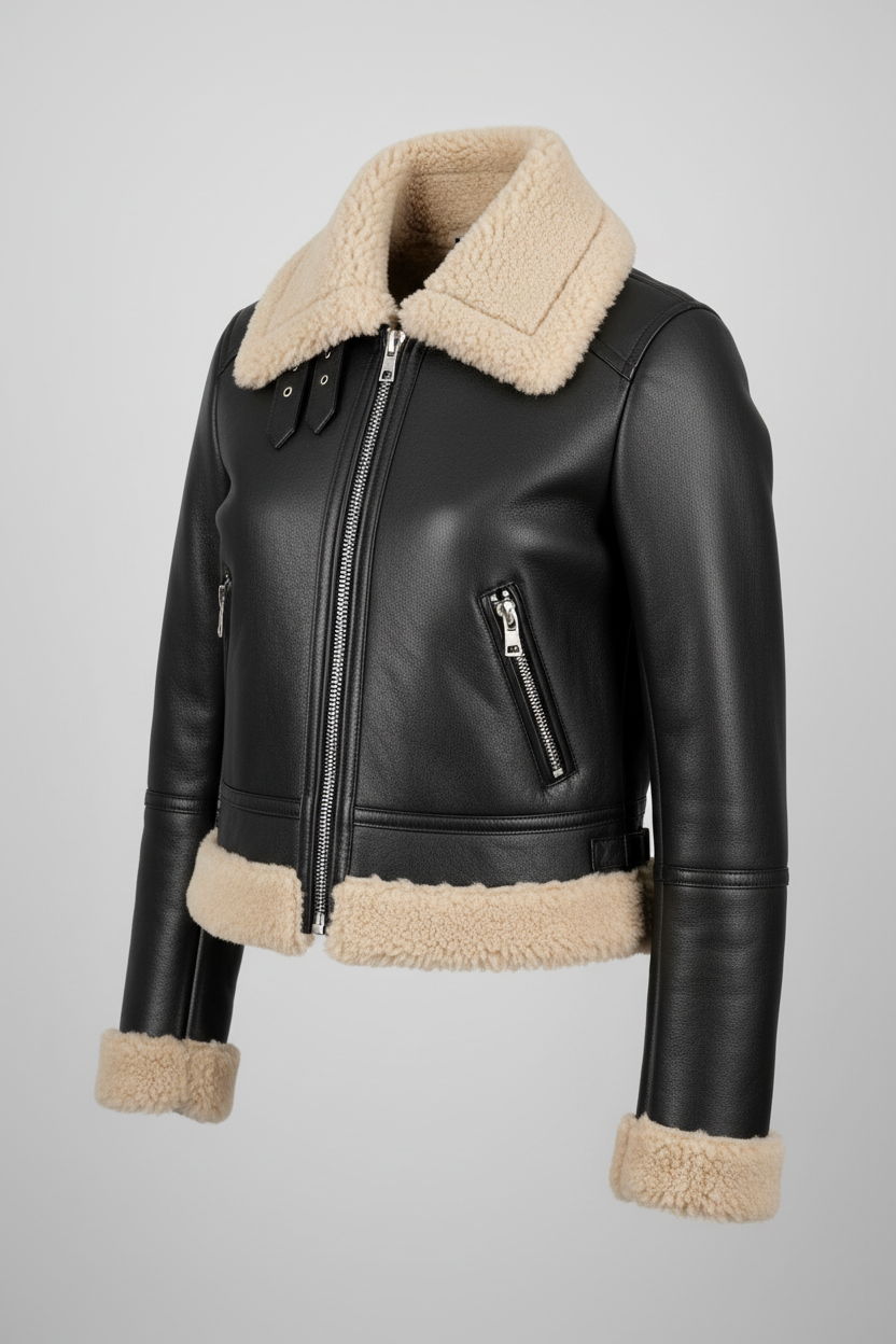  Women's Shearling Cropped Leather Jacket - Side View