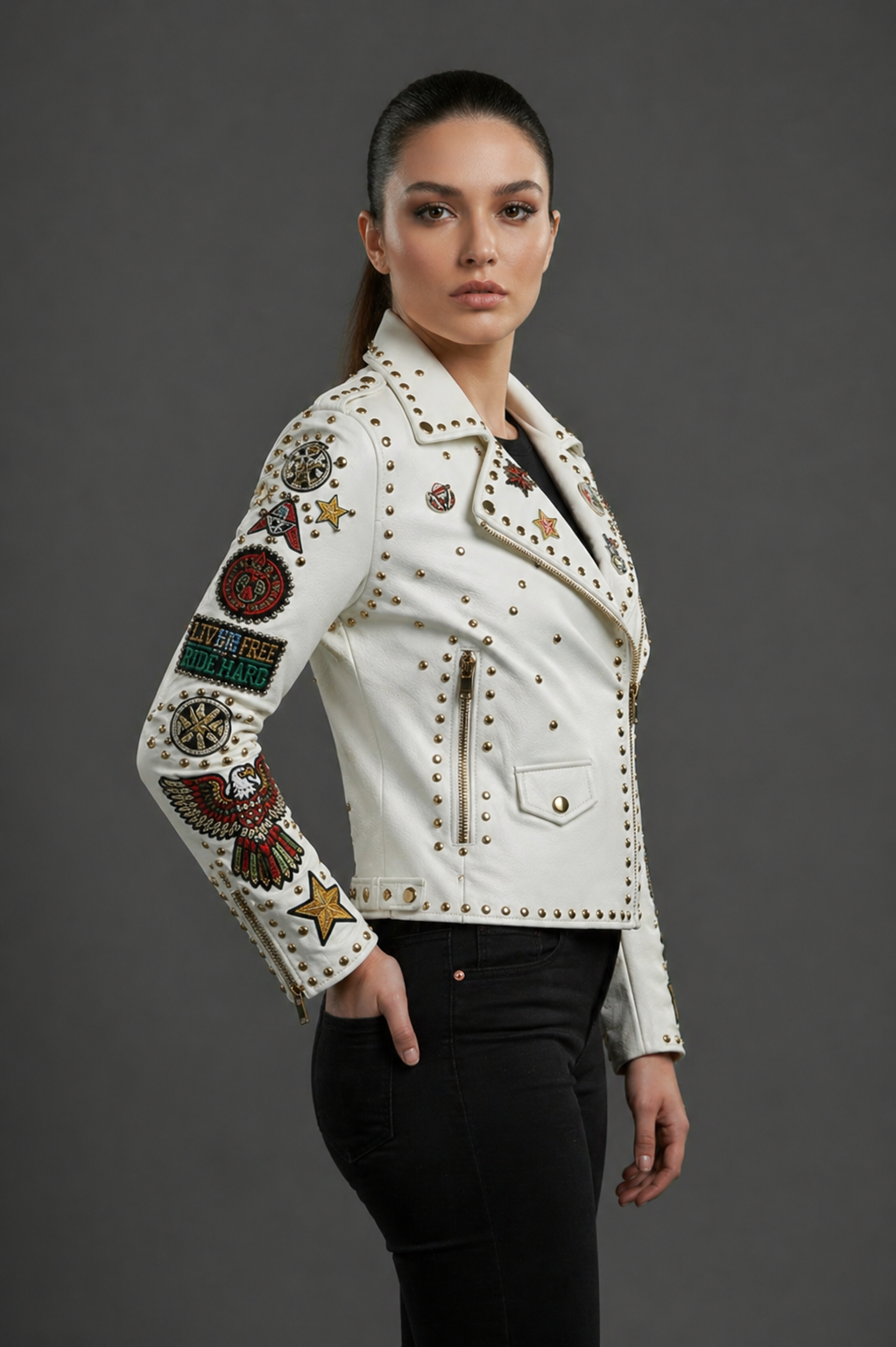White Studded Pin Biker Leather Jacket