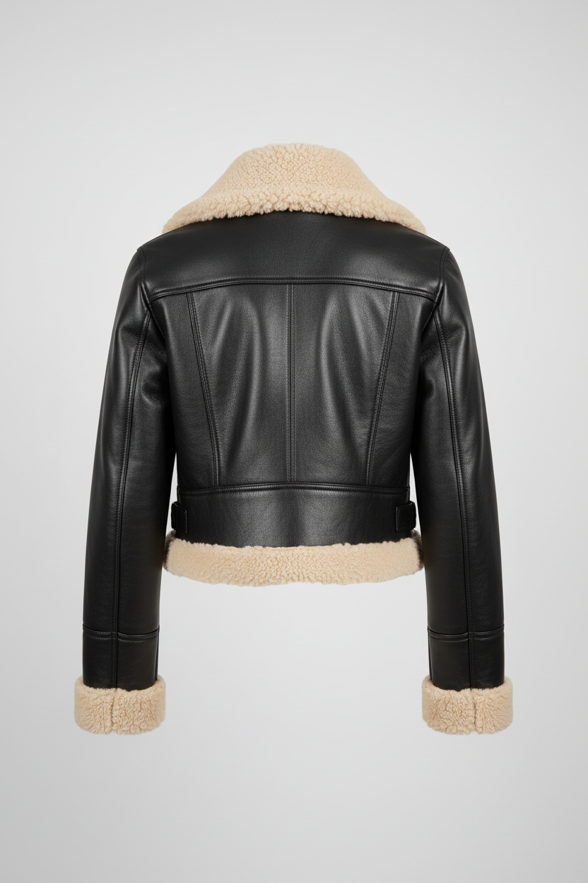  Women's Shearling Cropped Leather Jacket - Back View