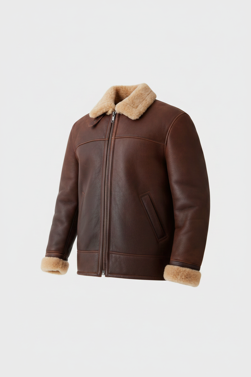  Brown Shearling Aviator Leather Jacket - Side View