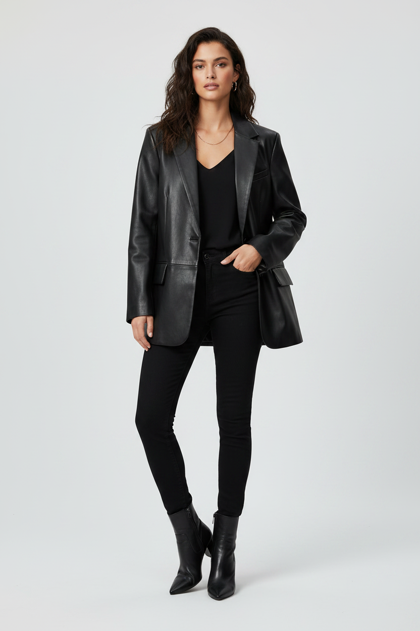  Black Leather-Trim Oversized Blazer - Female Model