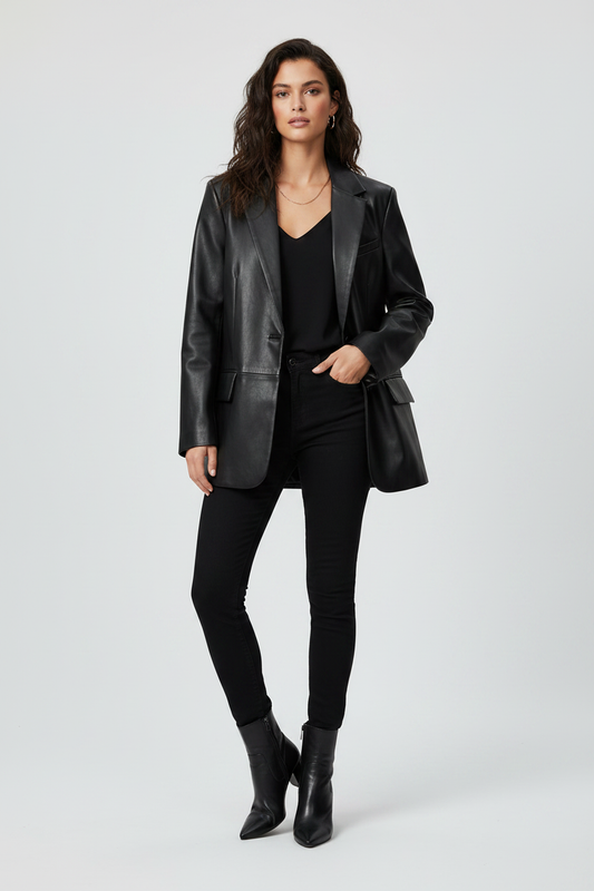  Black Leather-Trim Oversized Blazer - Female Model