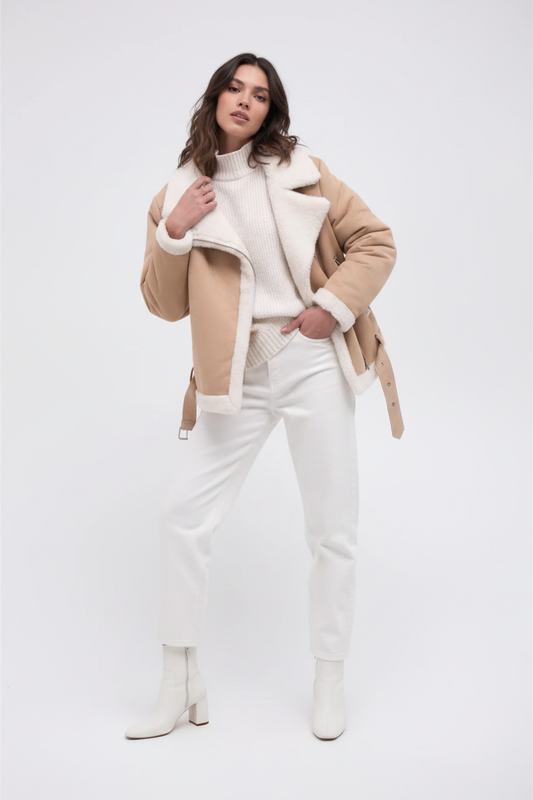  Tan Suede Oversized Shearling Moto Jacket - Female Model