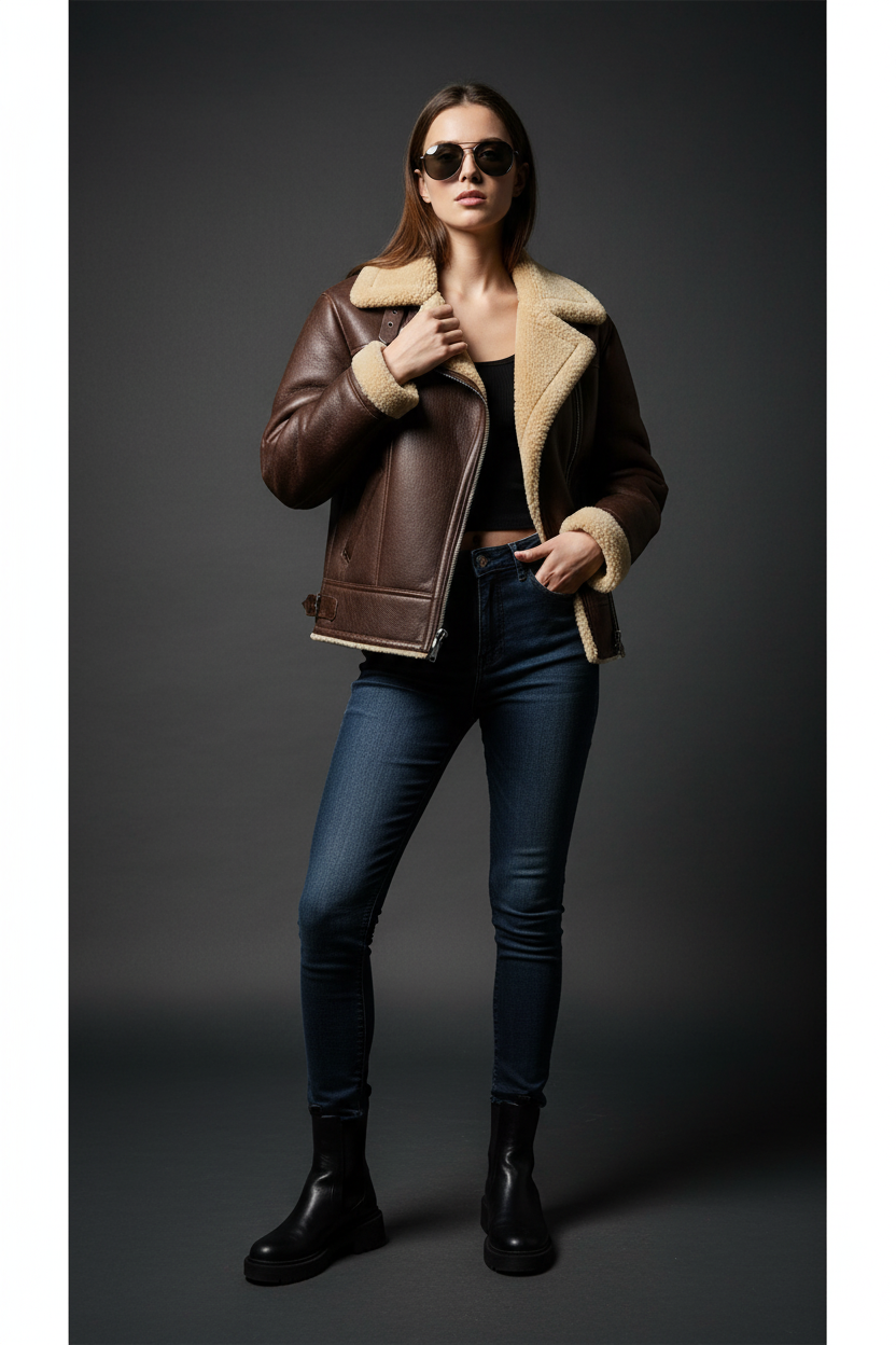  Brown Shearling Aviator Leather Jacket - Female Model