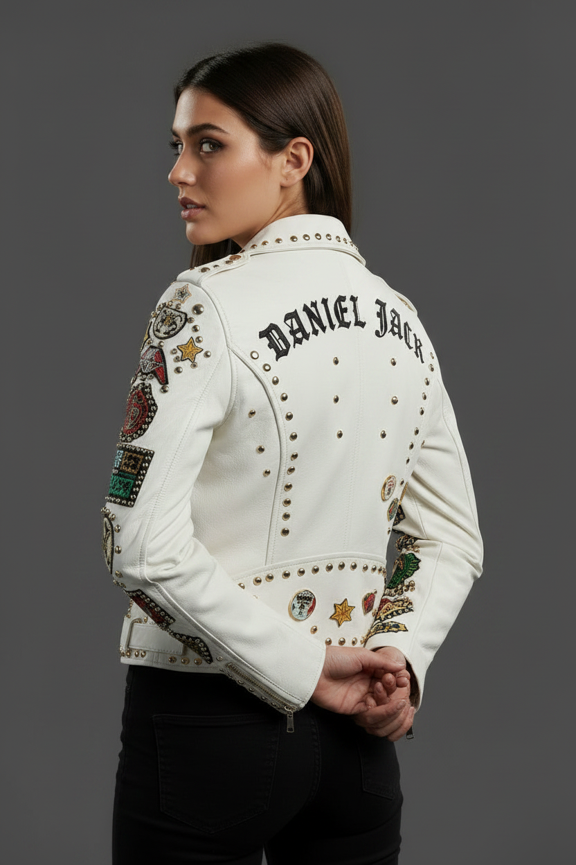 White Studded Pin Biker Leather Jacket