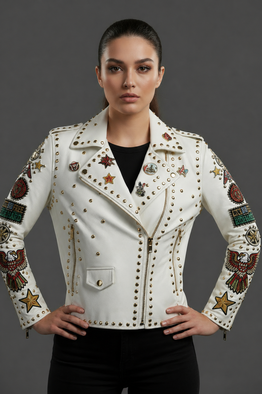 White Studded Pin Biker Leather Jacket